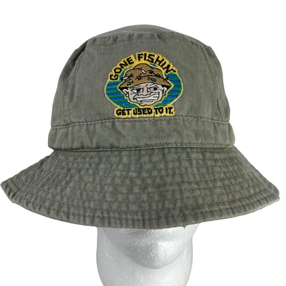 Vintage Gone Fishin’ Get Used To It Bucket Sun Hat L/XL 1990s Funny Gift Summer - Picture 1 of 14